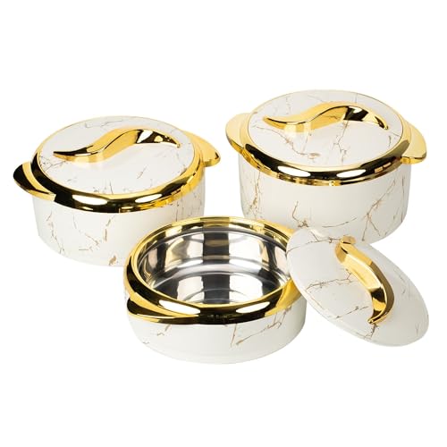 Hywisnok Marble White Insulated Casserole Dishes Set with Lids, 2.6/2.1/1.6 Qt - Thermal Serving Bowls, 3 Pieces