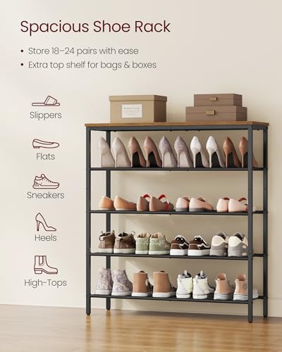 VASAGLE 5-Tier Shoe Rack - Rustic Brown Metal Mesh Organizer for 18-24 Pairs, Adjustable Shelves