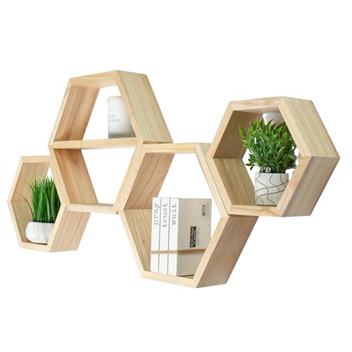 Natural Hexagon Floating Shelves Set of 4 - Honeycomb Wall Storage with Hardware