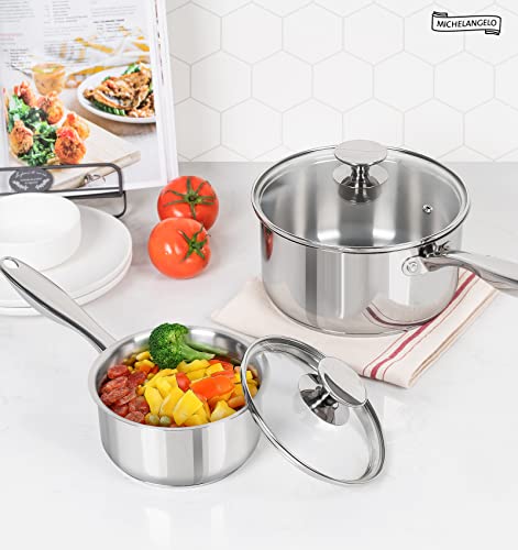 Michelangelo Full Tri-Ply Stainless Steel Saucepan Set 1Qt & 2Qt with Glass Lids