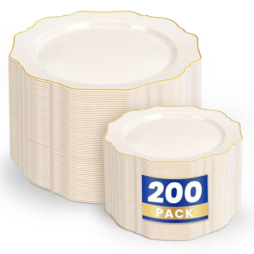 WDF Ivory Plastic Plates Set 200pcs - Gold Rim Disposable Dinner & Dessert Plates - Variation: Ivory / 200