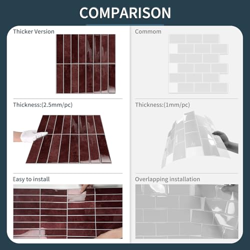 Vintage Red 10 Sheets Thicker Peel and Stick Subway Tile Backsplash - Waterproof & Easy Install