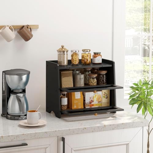 Black 2-Tier Double Layer Bread Box for Kitchen Countertop - Eco-Friendly Bamboo