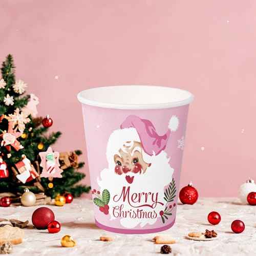 WRAPAHOLIC 50 Pcs Christmas Paper Cups - 9 oz Pink Santa Claus Disposable Cups, Holiday Party Supplies for Juice Coffee Hot Cold Beverage Drink