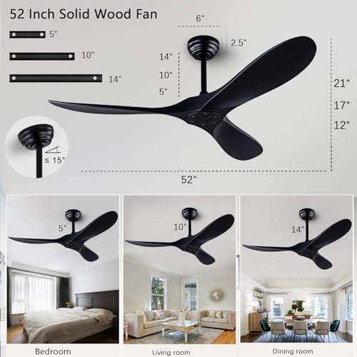 52-inch Black Ceiling Fan with Remote Control, Reversible, Quiet, No Lights