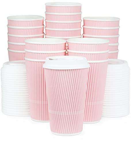 Pink Crepe 16oz Disposable Coffee Cups with Lids - 70 Count