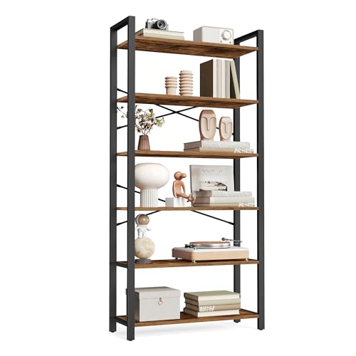 VASAGLE 6-Tier Bookshelf - Rustic Brown & Ink Black Steel Frame, Without Back Panels, Industrial Style, 11.8 x 26 x 73.2 Inches