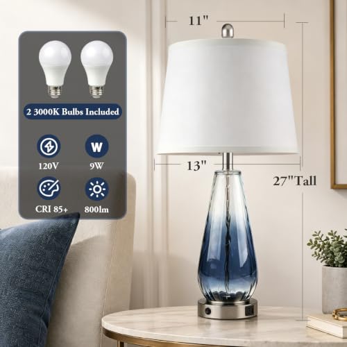 Set of 2 Blue Water-Ripple Glass Table Lamps - 27 Inch Coastal Modern Lighting Variation