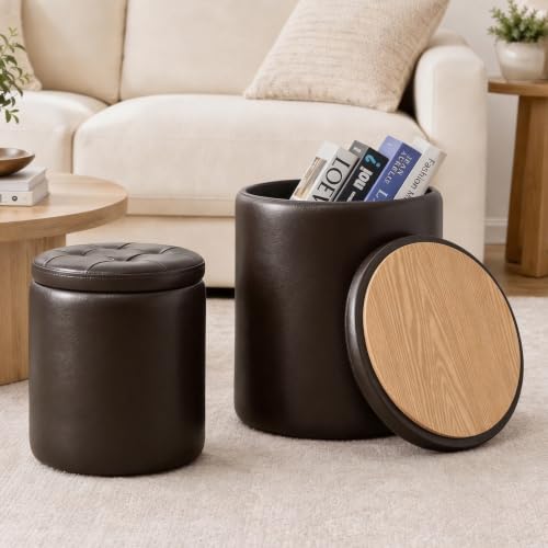 Oakvivo Set of 2 Storage Ottomans - Space Saving Nesting Ottoman for Bedroom & Living Room, Coffee & Footstool, 14.8"D x 14.8"W x 17.3"H