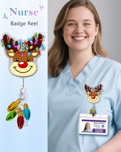 Besoar Christmas Colorful Reindeer Badge Reel Retractable ID Holder with Alligator Clip - Holiday Gift for Nurse, Medical Staff, Students
