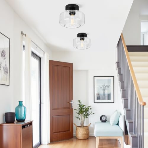 Farmhouse Semi Flush Ceiling Light - Black Seeded Glass Shade, Vintage Style, 8.7-inch Diameter - Space-Saving Industrial Fixture for Hallway & Bedroom