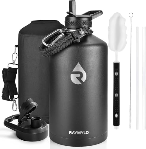 RAYMYLO 128 oz Insulated Water Bottle - Black, Triple Wall Stainless Steel, Leak-Proof, + Paracord Handle
