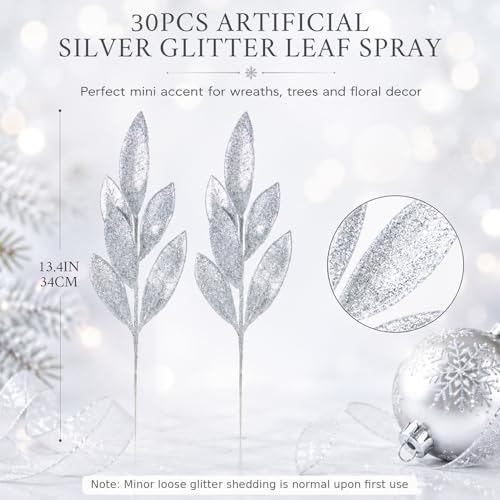 Rainflow Silver Glitter Artificial Leaf Picks 30PCS for Holiday Decor