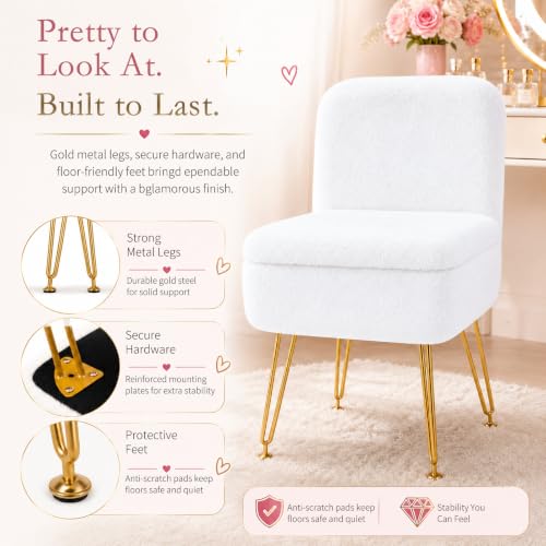 HOZYZO White Faux Fur Vanity Chair with Folding Back, Adult Size Makeup Ottoman