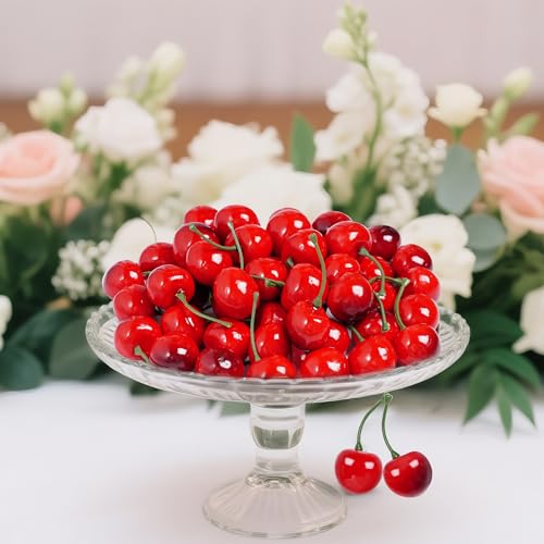 jiebor 60Pcs Fake Cherries Artificial Plastic Faux Fruit Ornament for Birthday Party Decoration Photography Props Kitchen Home Market Display