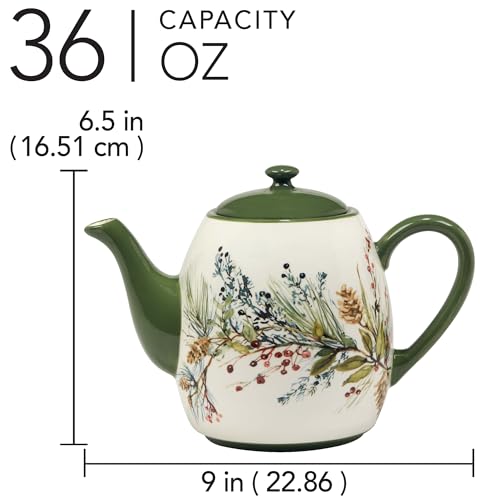 Ceramic Winter Forest Teapot 36 oz. - Holiday Pinecones & Evergreen Design
