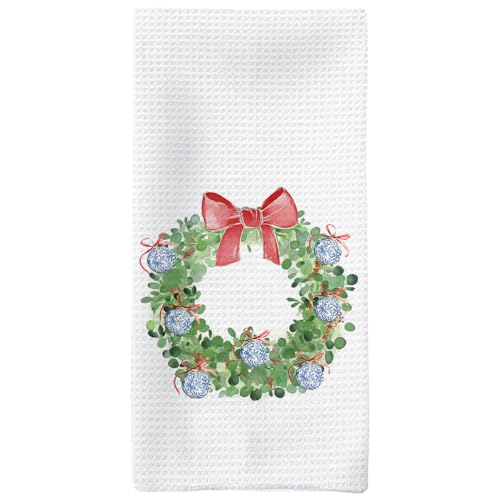 White Chinoiserie Christmas Kitchen Towels 16x24in - Coquette Red Bow Wreath Hand Towels