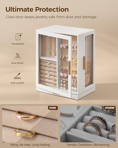 Glimmloop 360° Rotating Jewelry Box with 5 Drawers - White, Spacious Vertical Organizer with Glass Windows