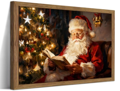 Vintage Santa Reading a Book Canvas Wall Art, Framed 24x16 — Rustic Farmhouse Christmas Print