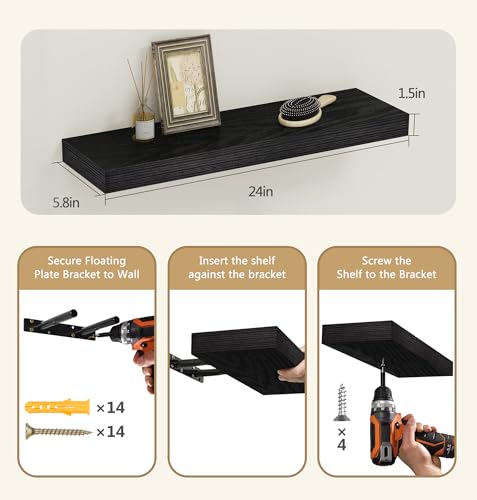 Black Rustic Floating Wall Shelves 24 Inch Set of 3 - Stylish & Stable Storage