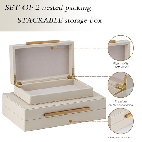 Set of 2 Beige Shagreen Decorative Storage Boxes with Gold Metal