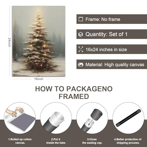 XMQQLL 16x24 in Vintage Christmas Tree Wall Art — Moody Neutral Canvas Print, Unframed