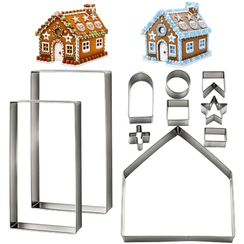 SINGARE 10Pcs 3D Gingerbread House Cookie Cutters Set – Stainless Steel, Includes Front/Back Walls, Roof, Doors & Windows