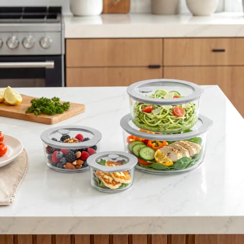 Glass Food Storage Containers with Grey Silicone Lids - Large 4 Pack, Microwave & Dishwasher Safe, Leak-Proof Meal Prep Set - Round