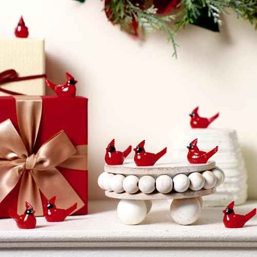 50 Pcs Christmas Mini Resin Red Cardinal Bird Figurines Tiny Cardinal Figurine Decor Small Christmas Ornaments for Gift Xmas Miniature Garden Crafts Cake Topper Decoration