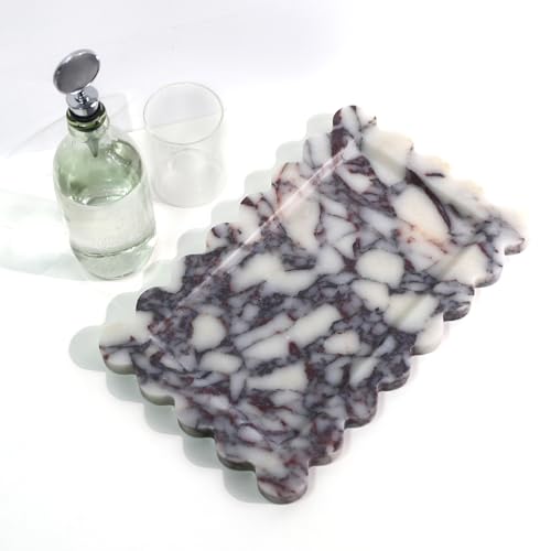 Natural Marble Vanity Tray - Rectangular Calacatta Viola with Scalloped Edge, 11.8 x 7.4 Inches