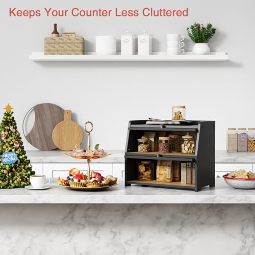 Goozii Black Large Double Layer Bread Box for Kitchen Countertop & Pantry Storage