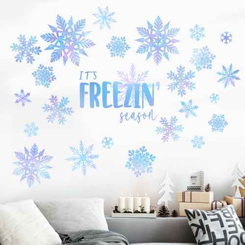 Mfault Winter Blue Snowflake Wall Decals Stickers, It's Freezin' Season Snow Decorations Bedroom Art, Seasonal Christmas Home Kitchen Decor