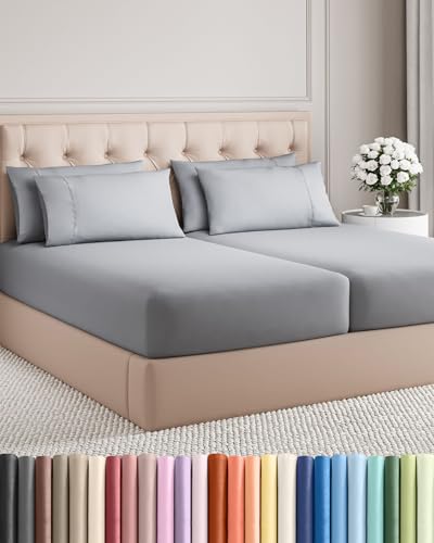 Split King Bed Sheet Set with 4 Pillowcases - Breathable Cooling Microfiber - Steel Blue, 7 Pieces