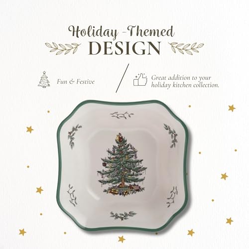 Spode Christmas Tree 9.5-Inch Square Salad Bowl - Festive Holiday Ceramic Serving Dish with Holiday Design
