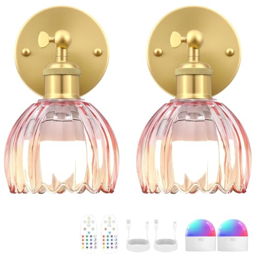 Gold-Pink Vintage Battery Operated Wall Sconce Set of 2 – Wireless Dimmable LED Lamps with Remote for Bedroom Living Room