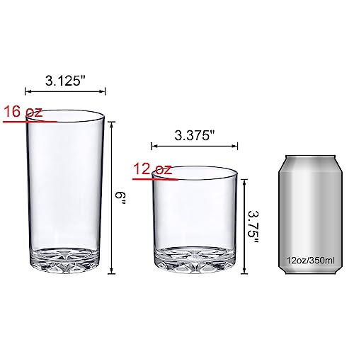 12 & 16-Ounce Plastic Tumblers Set of 16 BPA-Free Shatterproof Reusable Glasses