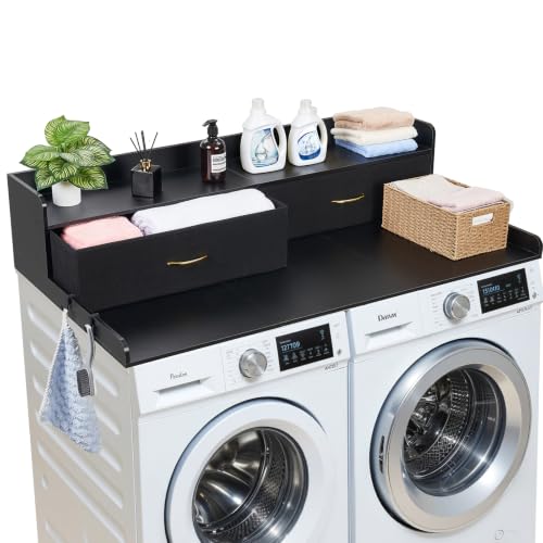 Black VEVOR 2-Drawer Laundry Countertop with Shelf & Hooks, 54x27in