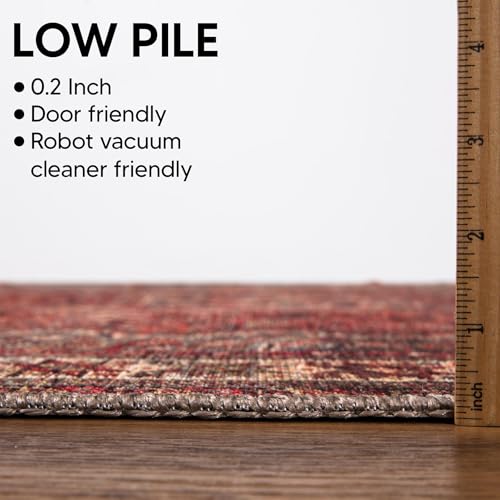 Vintage Washable Entryway Rug 3x5 ft Red & Turquoise - Non-Slip, Low Pile