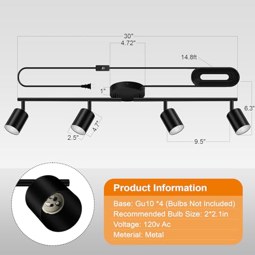Plug in 4-Light Track Lighting Kit Black - Rotatable Ceiling Spotlight for Kitchen & Bedroom