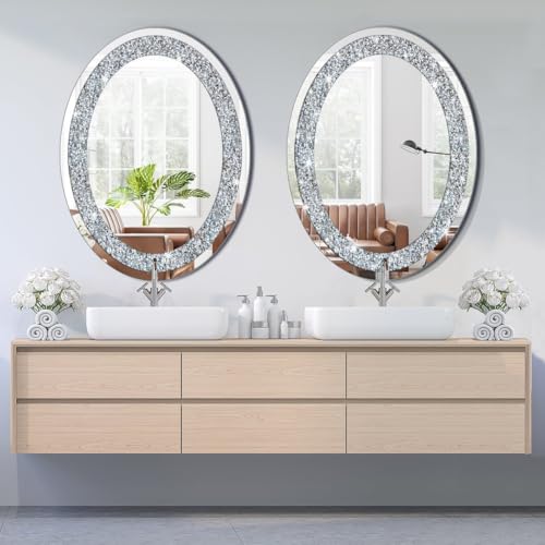 Oval Silver Mirror with Crushed Diamond Bling Wall Decor 32"L x 24"W - Frameless Glam Mirror