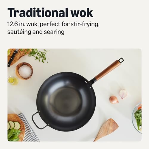 12.6-Inch Carbon Steel Wok with Cool-Touch Wooden Handle, Pre-Seasoned for All Cooktops