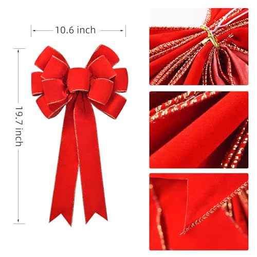 2 Pack Red Christmas Bows Outdoor Decorations,10.6x19.7 Inch Large Christmas Tree Topper Bow, Velvet Wreath Bow with Glitter Gold Edge for Xmas Home Front Door Decor,Wreaths, Gifts & Home Decor