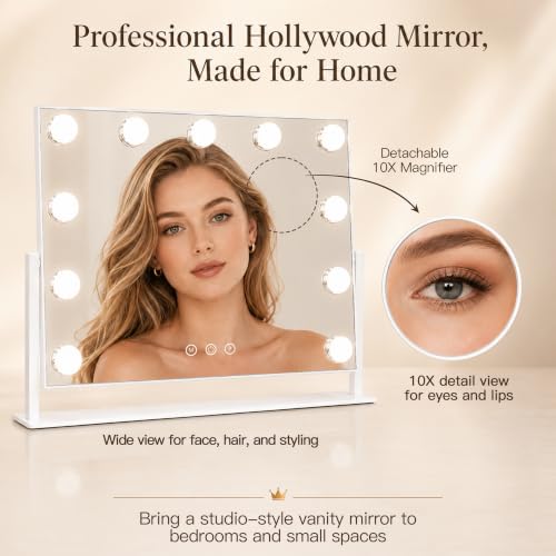 Hollywood Makeup Mirror with Lights - White Frame, 16 x 12.9 inch, Touch Control, 11 LED Bulbs, Detachable 10X Magnifier