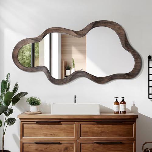 Asymmetrical Cloud Wall Mirror - 47" x 22" Vintage Brown Wood Frame