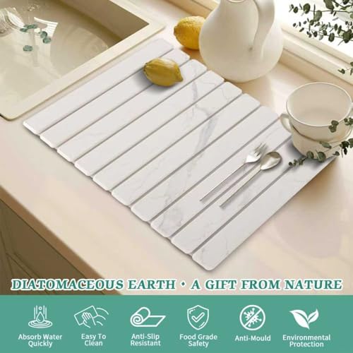 Stone Dish Drying Mat for Kitchen Counter 24x16 Inch White Marble - Foldable