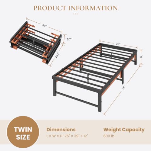 Twin Size Folding Bed Frame - Quad-Fold, Tool-Free Assembly, Under-Bed Storage