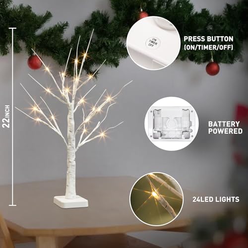 PABIPABI White Birch LED Tree Set of 4 with 24 Lights, 1ft 10in Each | Timer