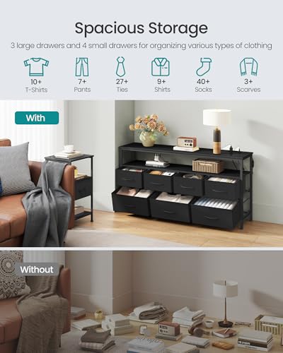 SONGMICS Dresser with App-Controlled LED Lights, 7 Fabric Drawers, Ink Black, 44.8W x 11.8D x 26.8H