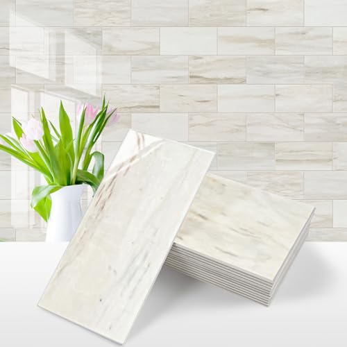 Vamos Tile 100-Piece Glossy Wooden Marble Grain Peel and Stick Subway Tile 3x6 Inches, White Grout, Backsplash for Kitchen Bathroom Fireplace - Variation of 100 / Wooden Marble Grain