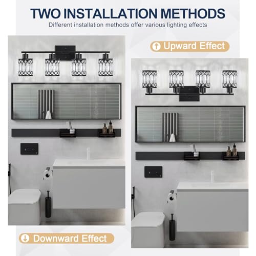 Black Modern Crystal Bathroom Vanity Wall Light 4-Light Fixture with E26 Socket